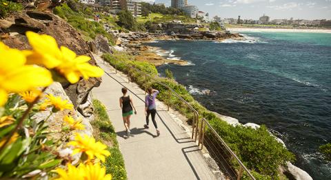 Coogee to Bondi coastal walk Coastal walk from Coogee to Bondi, Bondi in distance