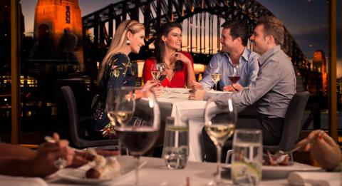 riends dining at Quay Restaurant, with views of the Harbour Bridge Quay Restaurant, Sydney