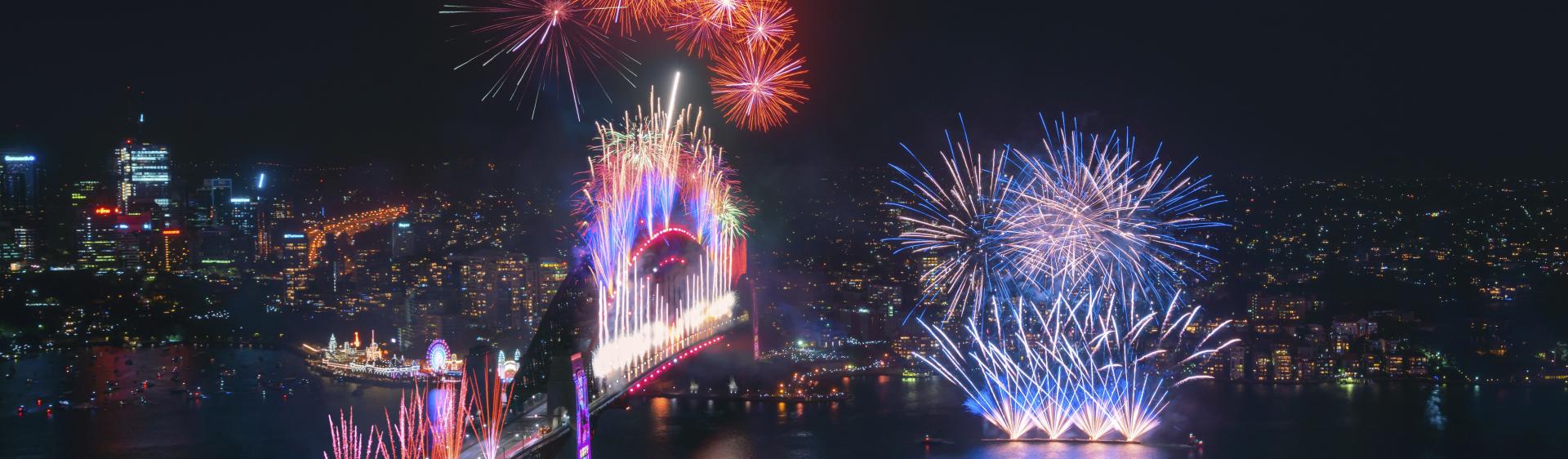 Spectacular midnight fireworks display across Sydney Harbour at to celebrate the start of the new year 2020, Sydney