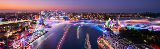 Sydney Harbour, Vivid Sydney Views of Harbour Lights installations on marine vessels moving across Sydney Harbour, Vivid Sydney